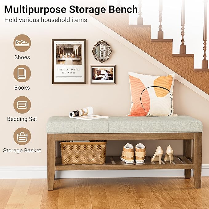 End of Bed Storage Bench, 42.9" Entryway Shoe Bench with Solid Wood Shelf, Upholstered Ottoman with Padded Seat for Bedroom, Hallway and Living Room, Beige