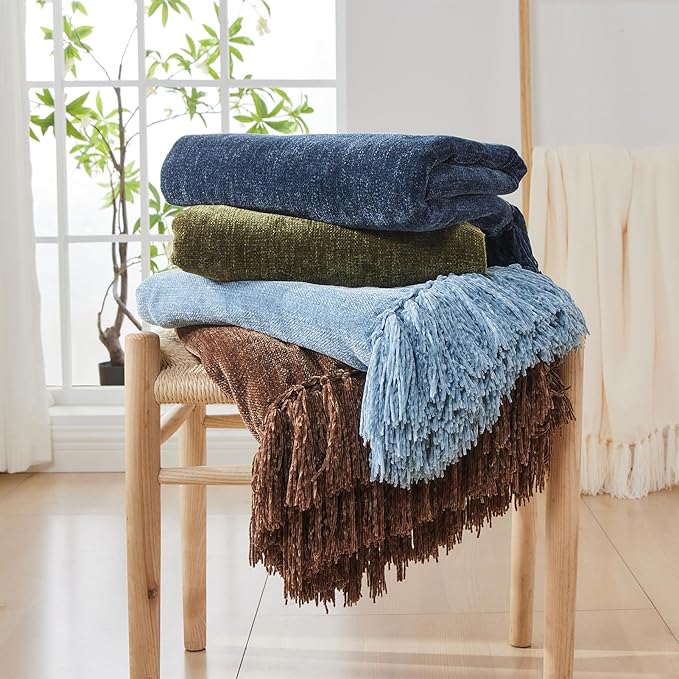 CozeCube Chenille Throw Blanket for Couch, Cozy Plush Fuzzy Decorative Rust Orange Blanket with Fringe Tassels, Lightweight Throws for Bed Sofa Gift Home Decor, 60"X80"