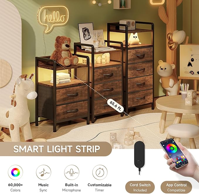 Night Stand Bedside Table Bedroom - Tall Nightstand with Charging Station & LED Light Strip, Bed Side Table with Storage Shelf & 4 Drawers, End Table with U-S-B Ports & AC Outlets, Brown