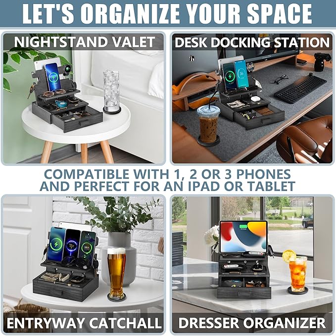 Black Wood Phone Docking Station for up to 3 Phones, Samsung Galaxy Watch Compatible Nightstand Organizer with Drawer for Valuables for Men & Women, Holds Phones, Tablets, Keys, Rings, Glasses, EDC