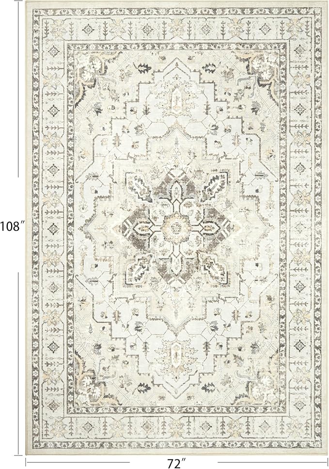 zesthome Washable Rug 6x9 Area Rugs,Stain Resistant Rugs for Living Room,Bedroom,Non-Slip Backing Home Decor Rug, Vintage Medallion Pattern Rugs (Beige,6'x9')