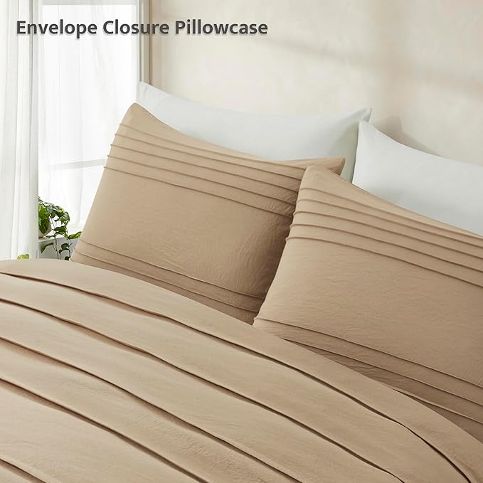 Oli Anderson Khaki Duvet Cover King Size - Pleated King Duvet Cover, 3PCS Soft and Breathable Textured Bedding Set with Zipper Closure(Khaki,104"x90")
