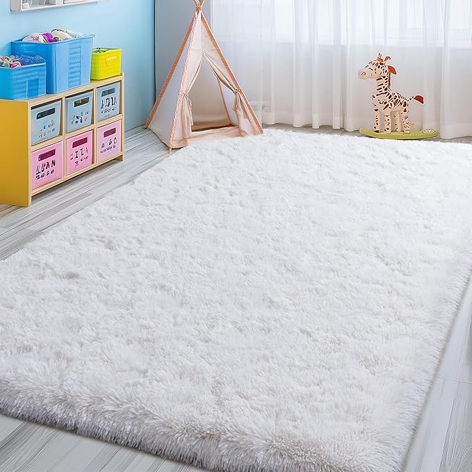 5x7 White Rugs for Bedroom, Soft Fluffy Shaggy Rugs for Living Room, Non-Slip Fuzzy Shag Carpet for Kids Room Home Decor