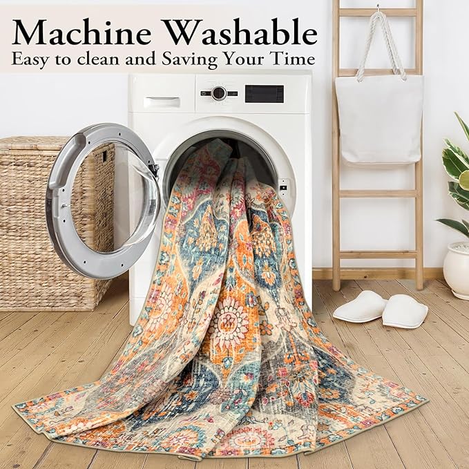 Lahome Moroccan Washable Area Rugs 8x10, 8x10 Rugs for Living Room Bedroom, Ultra-Thin Oriental Non-Slip Foldable Non Shedding Accent Large Carpet for Office Dining Room, Cream/Multi