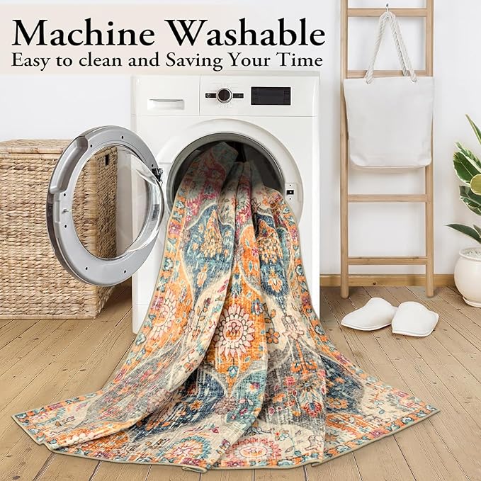 Lahome Moroccan Washable Area Rugs 9x12 Living Room, Soft 9x12 Area Rug for Bedroom, Oriental Non-Slip Non Shedding Throw Large Carpet for Dining Room Office, Cream/Multi