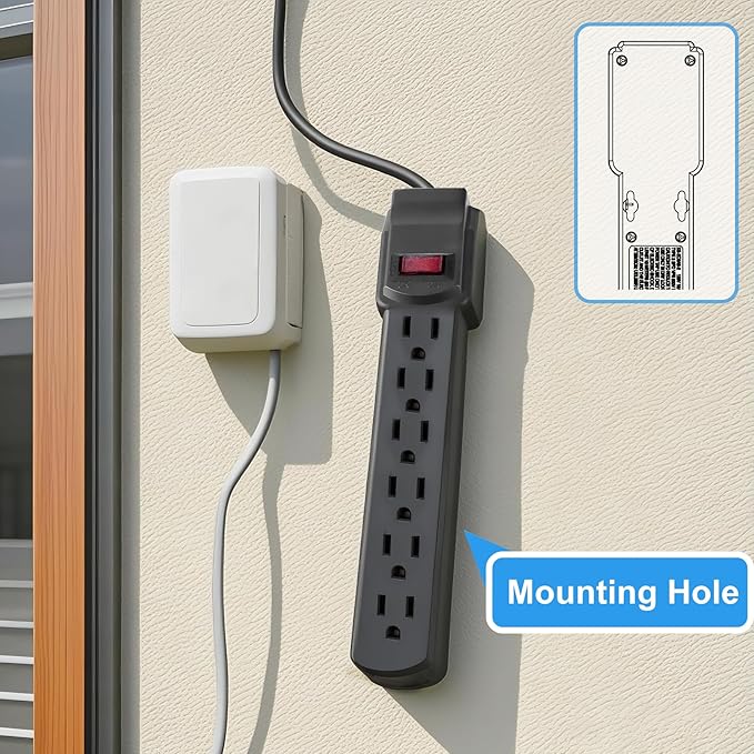 6-Outlet Surge Protector – 250 Joules, 2ft Cord, 15A/125V, 1875W Max – Right Angle Plug, Black – Home, Office, & Electronics Protection