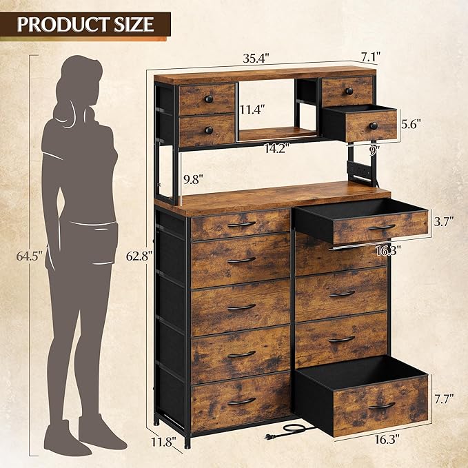 EnHomee 62.8" H Dresser for Bedroom with 14 Drawers,Fabric Dresser with Charging Station and LED Lights,Dressers & Chests of Drawers for Bedroom, Steel Frame & Wooden Top,Rustic Brown