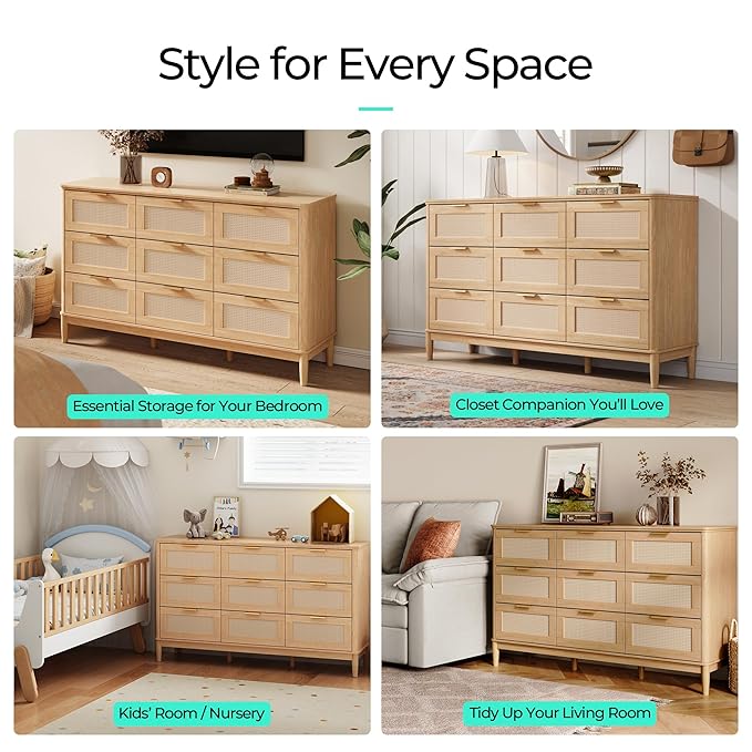 LINSY HOME Rattan Dresser for Bedroom with 9 Drawers, 58" Wide Chest of Drawers, Mid Century Modern Dresser TV Stand with Metal Handle, Wood Closet Storage Cabinet for Living Room, Hallway, Oak
