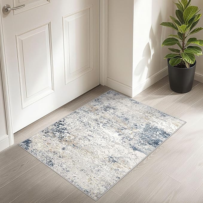 2x3 Entryway Area Rug: Washable Neutral Modern Abstract Small Rug - Non-Slip Low Pile Throw Indoor Carpet for Entrance Kitchen Front Door Mat Bathroom Entry Kids Room - Beige Blue