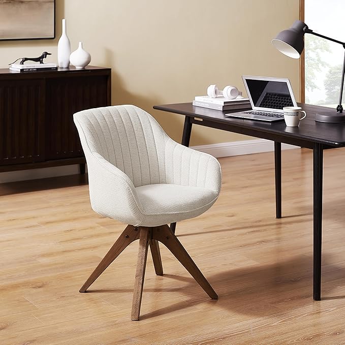 Zouron Mid Century Modern Accent Chair with Wooden Legs, Upholstered Swivel Chair No Wheels, Side Accent Armchair Vanity Chair for Small Space Home Office Living Room Bedroom, Beige