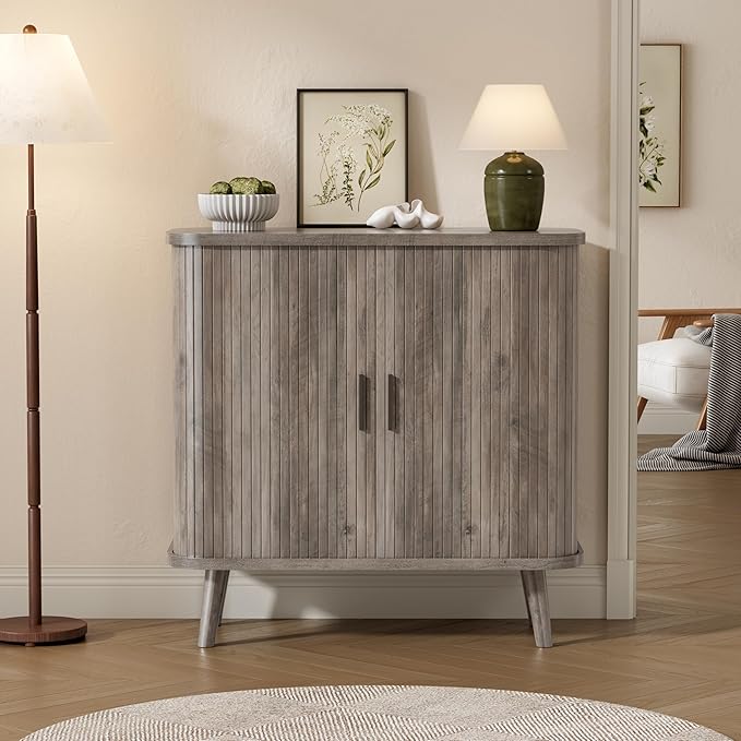 Buffet Cabinet with Storage, Curved-Edge Fluted Storage Cabinet Sideboard, Modern Black Sideboard Buffet with Adjustable Shelves & Sliding Door for Dining Room, Kitchen, Entryway (Wood)