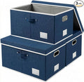 PRANDOM Storage Bins with Lids [3-Pack] Linen Fabric Foldable Storage Boxes Organizer Containers Baskets Cube with Cover Royal Blue(23.4X15.9X11.4)