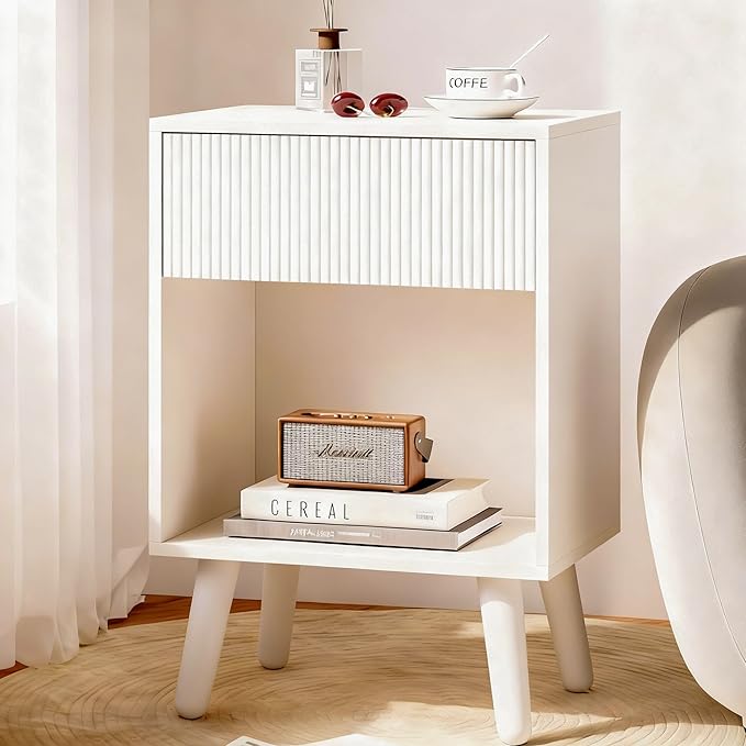 Fluted Nightstand, Modern Bedside Table with Storage Drawers and Open Wood Shelf, Night Stand with Solid Wood Legs, End Tables Side Tables for Living Room, Bedroom White