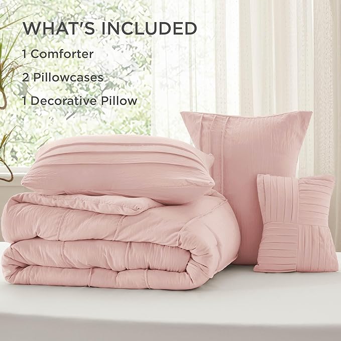 Bedsure Full Comforter Set - 4 Pieces Pinch Pleat Bed Set, Light Pink Boho Bedding for All Season, 1 Soft Comforter, 2 Pillowcases, 1 Decorative Pillow