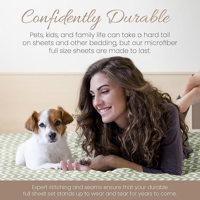 Linen Market Double-Brushed Patterned Microfiber Full Sheet Set 4 Piece – Oeko-TEX Certified Ultra Soft & Wrinkle-Free - 16" Deep Pocket Sheets - Easy Care Full Size - Puffed Chevron Sage