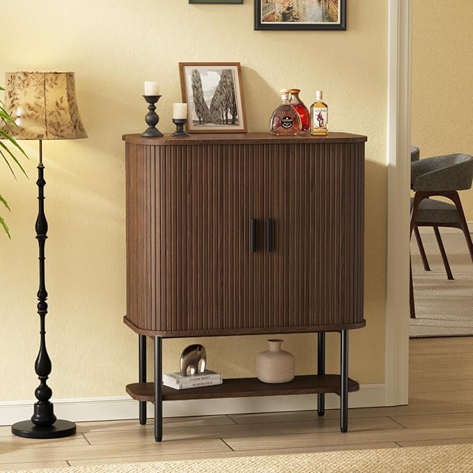 Coffee Bar Cabinet with Storage, Fluted Wine Cabinet with Sliding Doors, Glass Holder and Wine Rack, Buffet Sideboard Liquor Cabinet for Kitchen, Dining Room, Living Room, Walnut