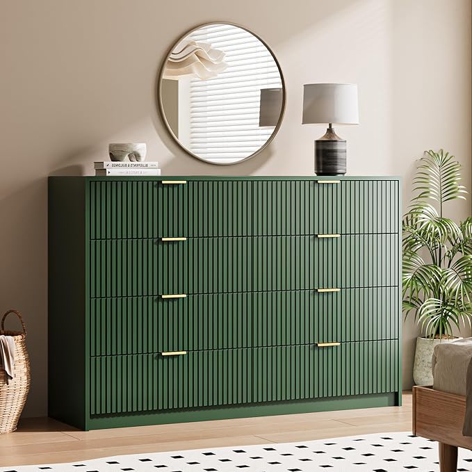 Green Dresser for Bedroom, 8 Drawer Double Dresser, Modern Chest of Drawers for Bedroom, Living Room, Entryway and Closet, 55" L x 15.7" D x 37.4" H