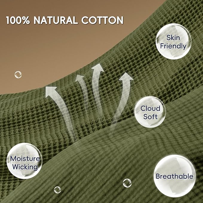 PHF 100% Cotton Waffle & Muslin Blanket Queen Size, Soft Breathable Luxury 400GSM Versatile Reversible Bedding for Bed, Great for Layering in Cold Weather, Home Decor Gift, 90" x 90", Olive Green