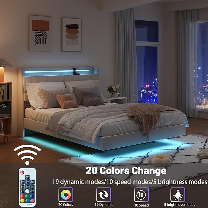 Queen Size Floating Bed Frame with LED Lights & USB Charging Ports, Upholstered Platform Bed with Storage Headboard & Hidden Shelves, Modern Floating Design for Bedroom or Guest Room, Beige