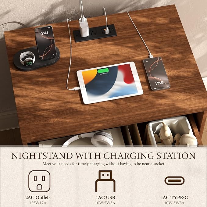 Yechen Nightstand with Drawers Set of 2, Modern Arched Reeded Wood Nightstand with Charging Station, Wooden Night Stand with Storage,Bedside End Tables for Bedroom, Walnut