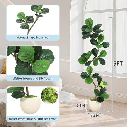 GarveeHome Fiddle Leaf Fig Artificial Tree with White Planter,5ft Faux Plants Indoor with Moss, Fake Rubber Tall Fake Floor Plant in Pot - Artificial Trees for Home Office Living Room Decor
