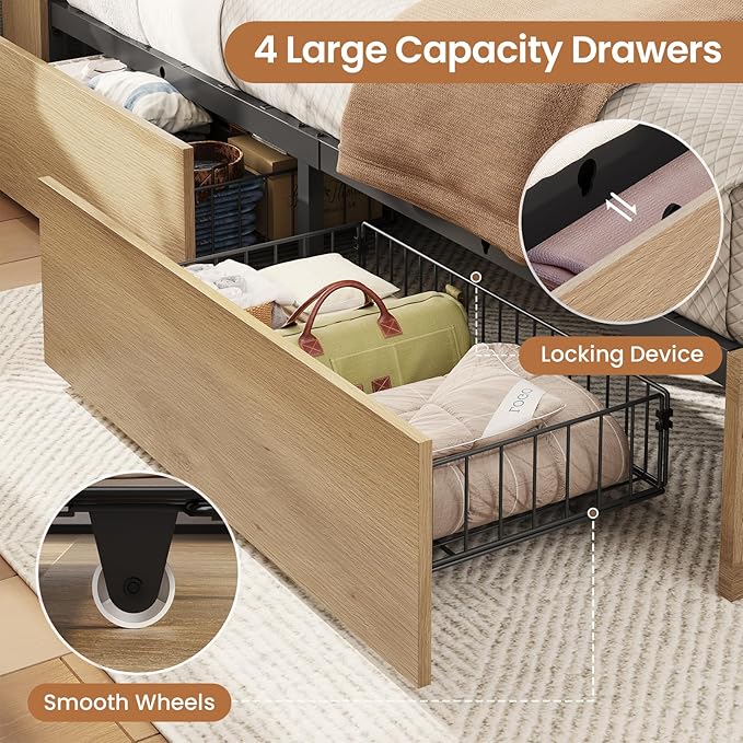 VIAGDO Rattan Bed Frame Full Size with Bookcase Storage Headboard, Charging Station and LED Lights, Wooden Full Bed Frame with 4 Drawers, Barn Door Design, No Box Spring Needed, No Noise, Natural