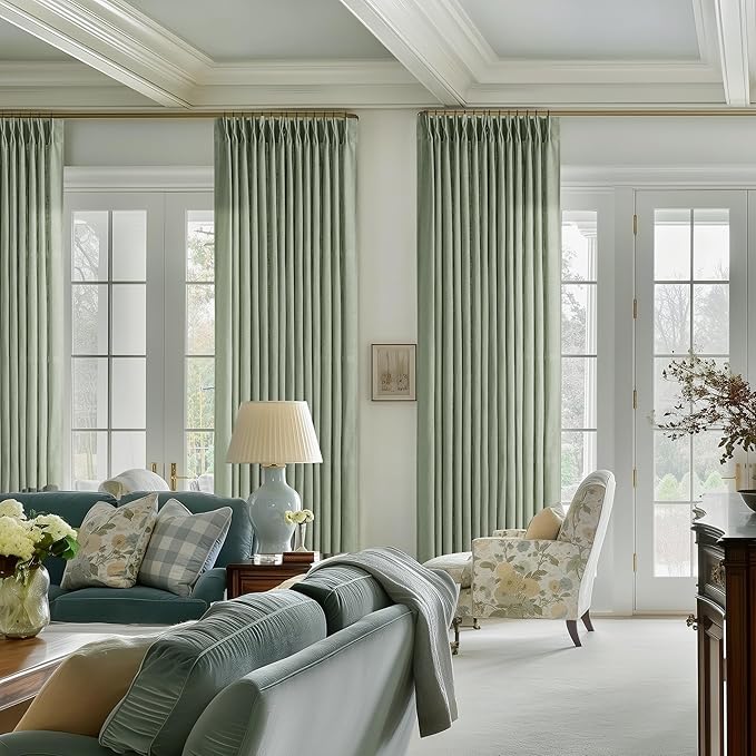 Sage Green Pinch Pleated Linen Curtains 80 Inches Long for Living Room Bedroom Light Filtering Boho Window Drape 80 inch 2 Panels with Hooks Rings Sliding Glass Door Semi Sheer Curtain Light Green