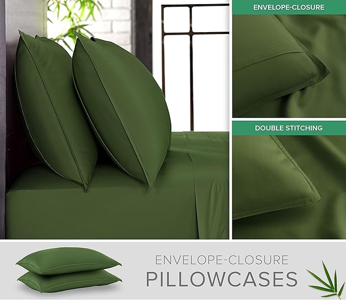 Pure Bamboo Queen Sheets, Genuine 100% Organic Viscose Derived from Bamboo Bed Sheet Set, Luxuriously Soft & Cooling, Double Stitching, 2 Year Quality Promise (Queen, Pesto)