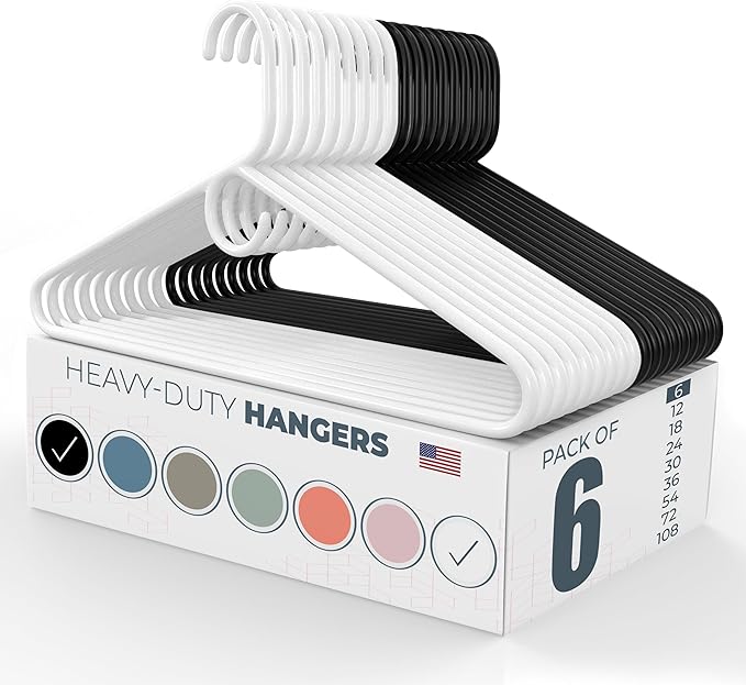 Neaties Heavy Duty Clothes Hangers 6 Pack – Made in The USA – 8lb Capacity Plastic Hangers for Adult Clothing – Durable for Pants, Coats, Jackets, or Jeans – White & Black