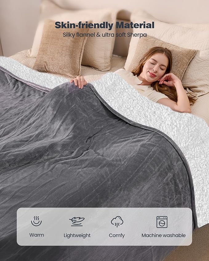 Heated Electric Blanket King- Super Soft Heating Blanket, Dual Control & 9 Heat Settings, 10 Hours Auto Off, Soft Flannel to Sherpa, Fast Heating Electric Throw, Machine Washable, 90 x 100''- Grey