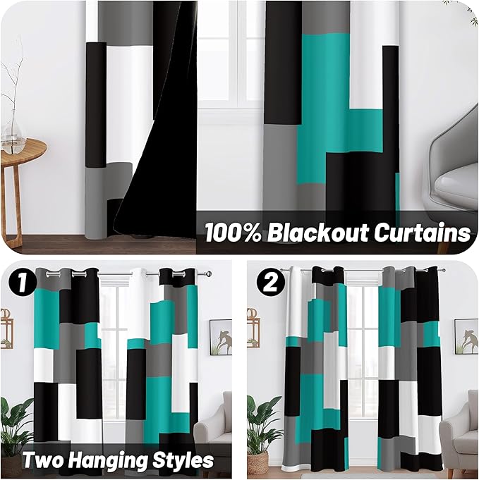 Teal/Turquoise 100% Blackout Curtains for Bedroom 84 inch Length 2 Panels Set White Grey Modern Abstract Geometric Black Out Curtains Room Darkening Window Drapes for Living Room, 42Wx84L