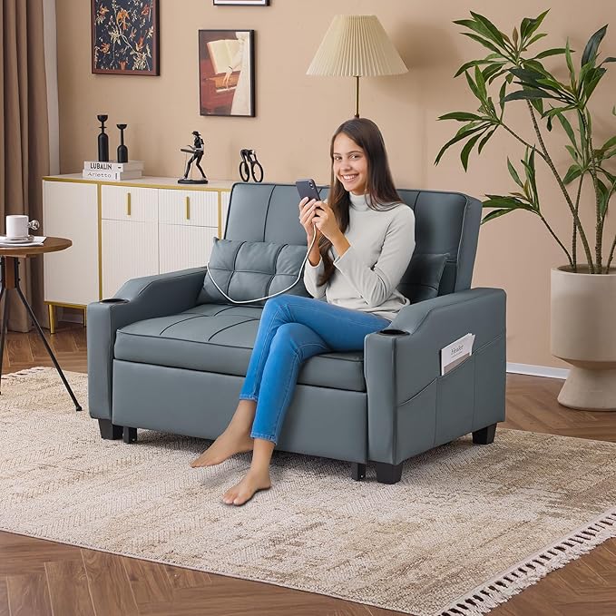 VINGLI Convertible Loveseat Sleeper, Blue Grey Faux Leather Futon Sofa Bed Pullout Couch Bed with USB Ports, Cup Holders, Armrest for Living Room, Bedroom, Home Office Apartment