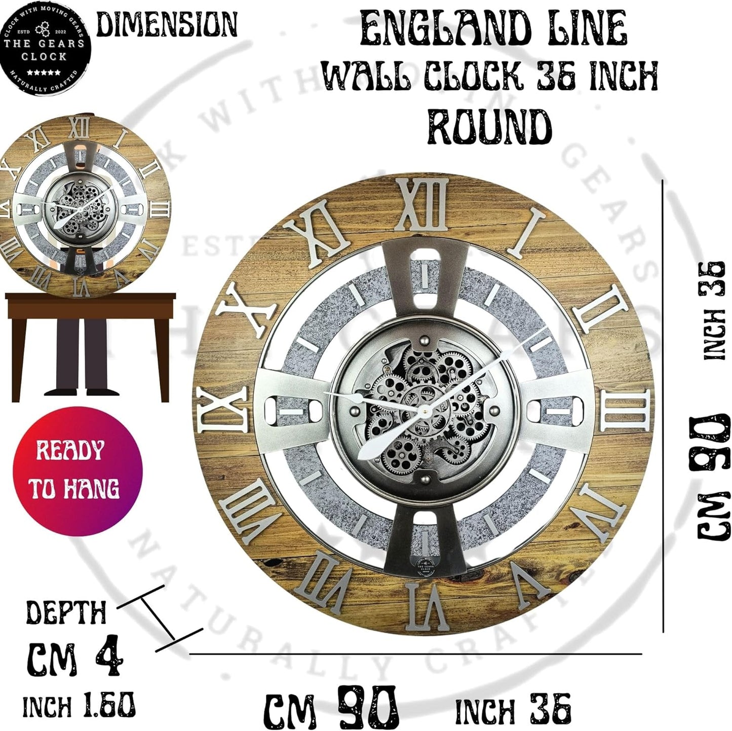 The Gears Clock Real Moving Gear Wall Clock England Line (Wood & Stone, 36 inches (90 cm))