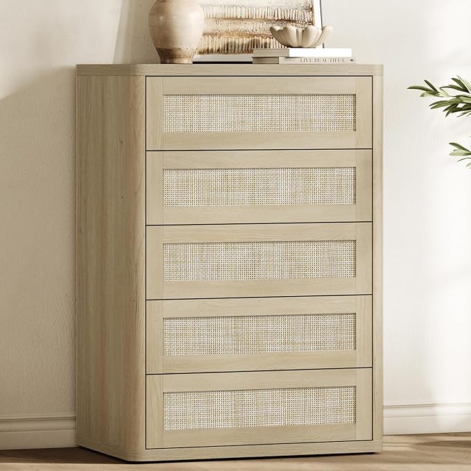 SICOTAS Tall Dresser for Bedroom - Rattan 5 Drawer Dressers Chest of Drawers with Push-to-Open Design, Boho Extra Deep Clothes Dresser with Large Storage for Closet, Living Room, Sand Oak