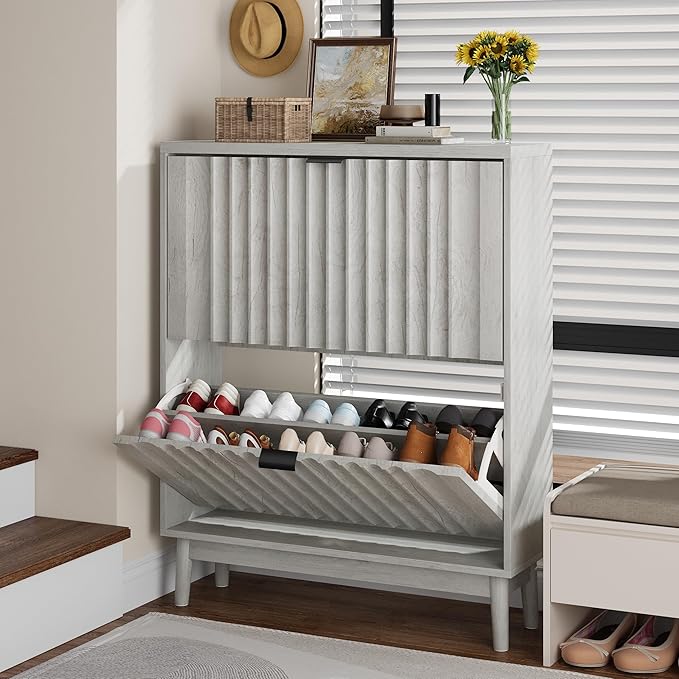 Shoe Storage Cabinet with 2 Flip Drawers, Walnut Fluted Narrow for Entryway, Slim Shoe Rack Cabinet Organizer 31.5in (Gray)