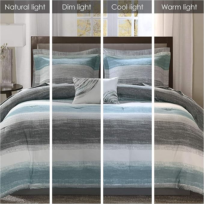 Madison Park Essentials Twin Comforter Set, Bed in a Bag Twin, Watercolor Print Coastal Comforter & Chambray Cotton Sheet Set, All Season Bedding Set, Saben, Aqua Twin (68 in x 86 in) 7 Piece