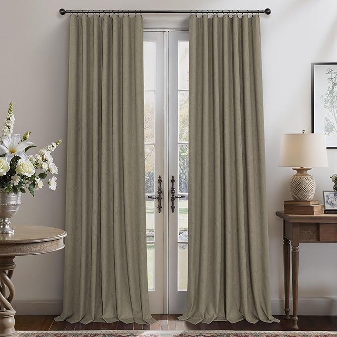 Living Room Darkening Curtains 63 Inches Long Small Bay Window Blackout Soundproof Dining Room Curtains Rustic Farmhouse Linen Dark Taupe Curtain 63 Inch Length 2 Panels Back Tab Pocket Pleated Drapes