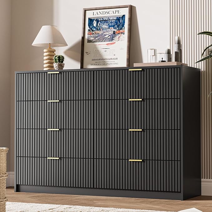 Dresser for Bedroom, 8 Drawer Double Dresser, Modern Chest of Drawers for Bedroom, Living Room, Entryway and Closet, 55" L x 15.7" D x 37.4" H, Black