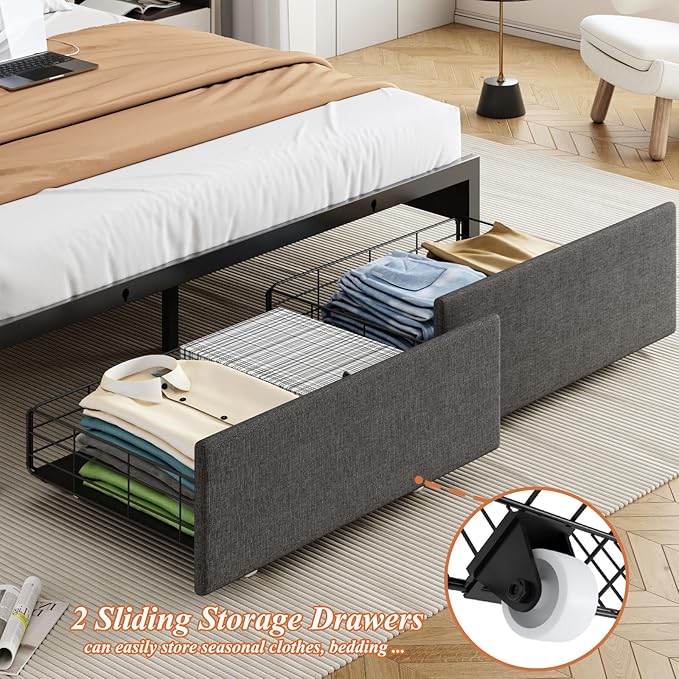 Queen Size Bed Frame with Storage Headboard and 2 Drawers, Upholstered Button Linen Platform Bed frame with Led Lights and Charging Station, No Box Spring Needed, Easy Assembly, Noise Free, Gray