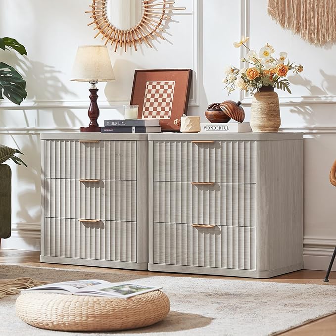 LEYAOYAO Fluted Nightstand with Charging Station, 23" Wide 3 Drawers Night Stand,LightGrey End Table with Open Storage,Farmhouse Bed Side Tables, Wood Dresser for Bedroom, Living Room, Closet