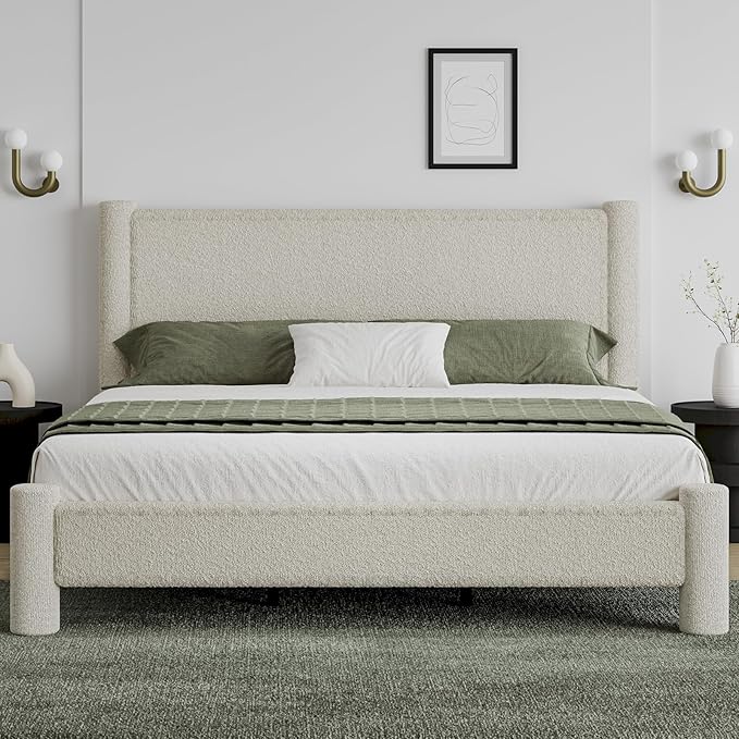 California King Size Bed Frame, Boucle Bed Frame with Headborad, Soft Upholstered Platform Bed Frame with Rounded Corners, No Box Spring Required, Easy Assembly, Cream