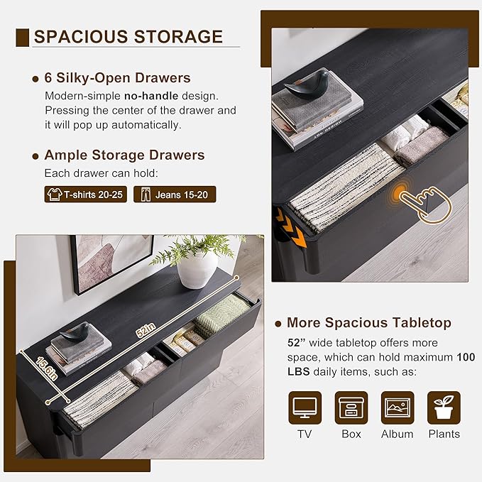 ACCOHOHO Modern 6 Drawer Dresser for Bedroom, 52" Wide Wooden Dressers with Large Storage,Handleless Chest of Drawers TV Stand for Living Room & Hallway, Curved Profile Design, Black