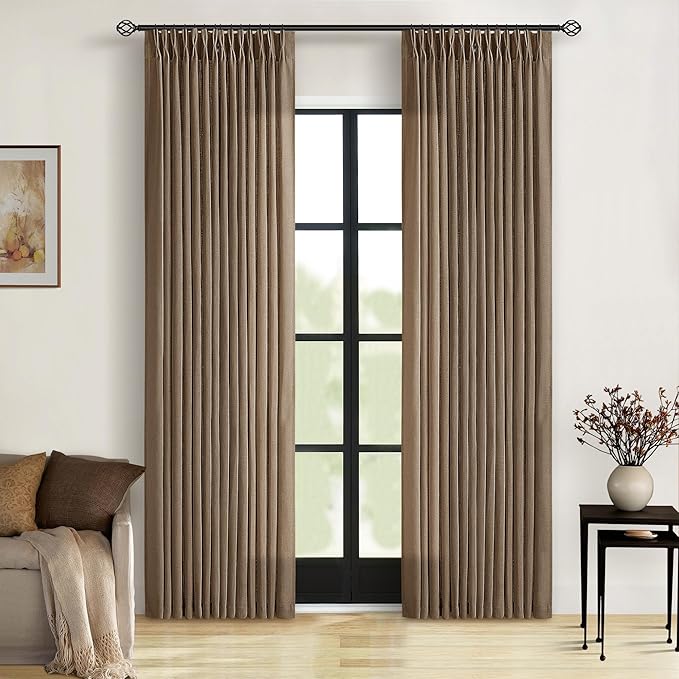 Brown Pinch Pleated Linen Curtains 84 Inches Long 2 Panels Set for Living Room Dining Pinch Pleat Back Tab Light Filtering Boho Farmhouse Bedroom Window Curtain Drapes 84 Inch Length Dutch Cocoa