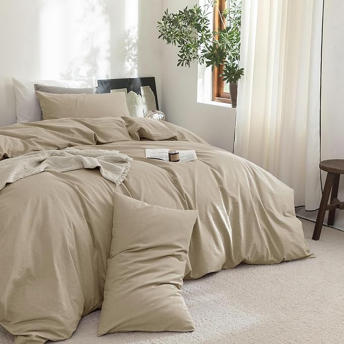 FOSSA Duvet Cover Set 100% Washed Cotton Linen Feel Super Soft Breathable Cozy 3 Pieces Bedding Sets Solid Light Khaki King