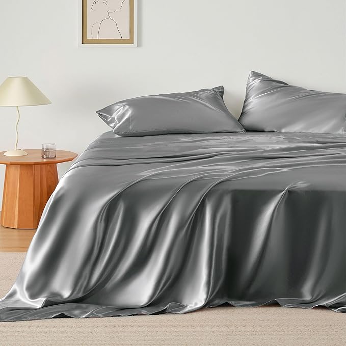 Bedsure Satin Sheets King Size - 4 Piece Silky Bedsheets with 15 Inches Deep Pocket Fitted Bedsheet,1 Flat Sheet, 2 Satin Pillowcases, Good for Hair & Skin (King, Dark Grey)