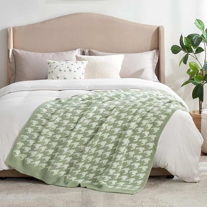 Snuggle Sac Houndstooth Throw Blanket for Couch, Reversible Super Soft Warm Blankets Cozy Knit Fuzzy Plush Lightweight Throws for Sofa, Bed, Camping, Green,50x60 inches