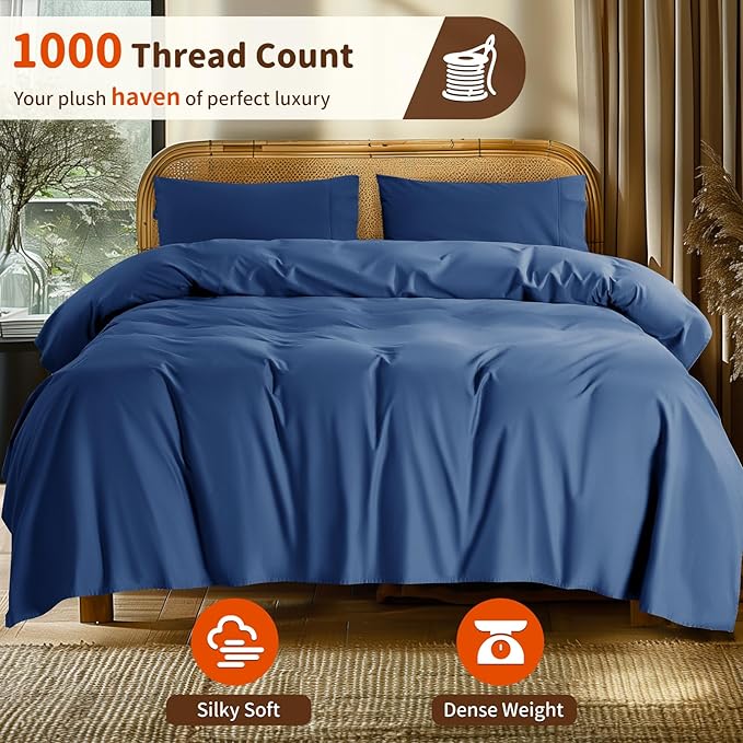 LBRO2M 100% Cotton Sheets Set Deep Pocket 24", 1000 Thread Count Queen Size 4 Piece Bed Sheet Sets Soft Comfortable Bedding All Season (Queen, Navy Blue)