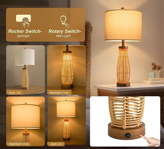 OYEARS 28" Table Lamps Set of 2 with Dual Night Lights, Bedside Lamps for Bedroom, Boho Lamp for Living Room, Rattan Table Lamp with Linen Shade, Farmhouse Lamp with Wood Grain Finish (Bulb Included)