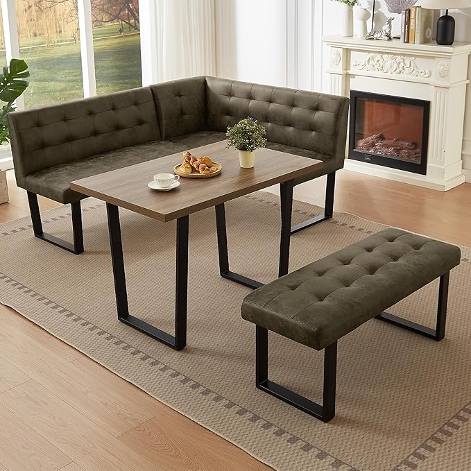 3-Piece Corner Dining Table Set with Bench, 70 Inch Space-Saving Breakfast Nook for Kitchen & Dining Room(Walnut Table & L-Seat Brown Bench)