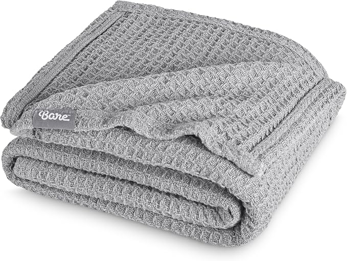 Bare Home Light Grey Waffle Blanket Extra Long 66Wx90L, 100% Cotton, Soft & Breathable Throw for All Seasons, Lightweight Blanket, Perfect for Layering Bed, Sofa & Couch (Twin/Twin XL, Light Grey)